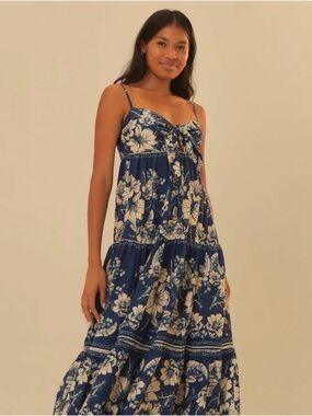 FARM Rio Navy and Cream Floral Tiered Maxi Dress